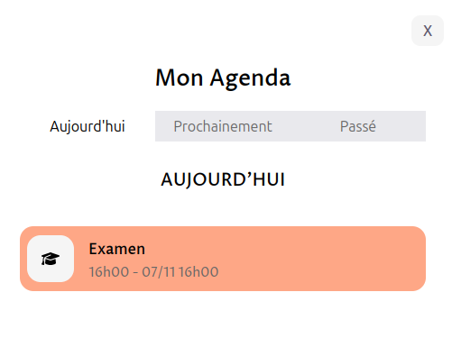 capture d'écran montrant l'agenda de l'élève avec l'examen apparant